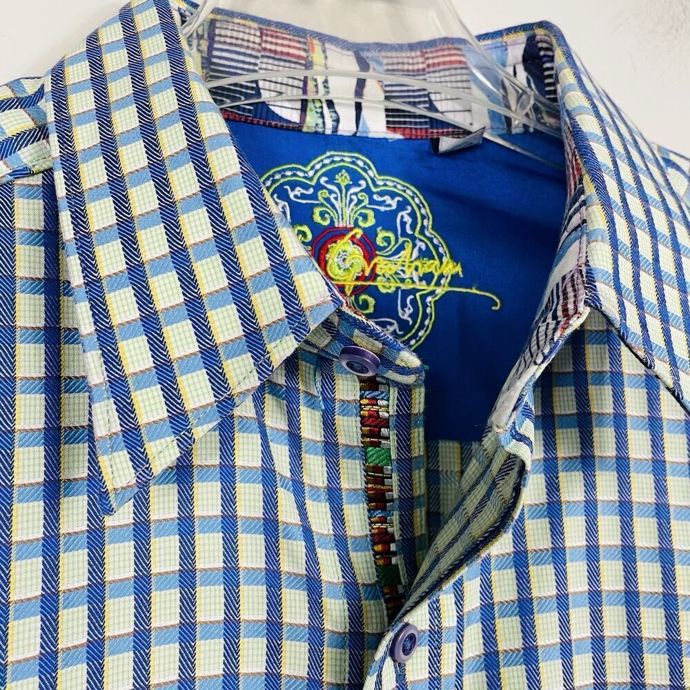 Robert Graham Flip Cuff Shirt Size Medium Blue Plaid Classic Colorful Preppy - Picture 13 of 14